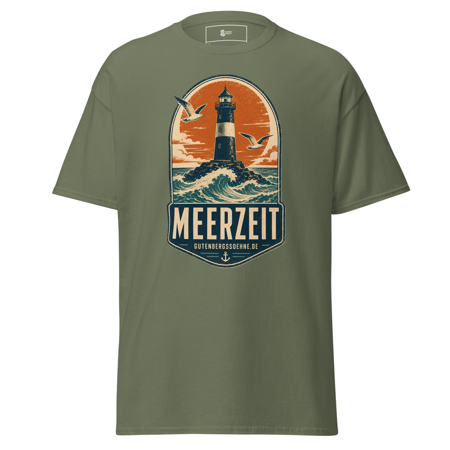 Nostalgisches Meerzeit-Motiv auf klassischem Baumwoll-T-Shirt