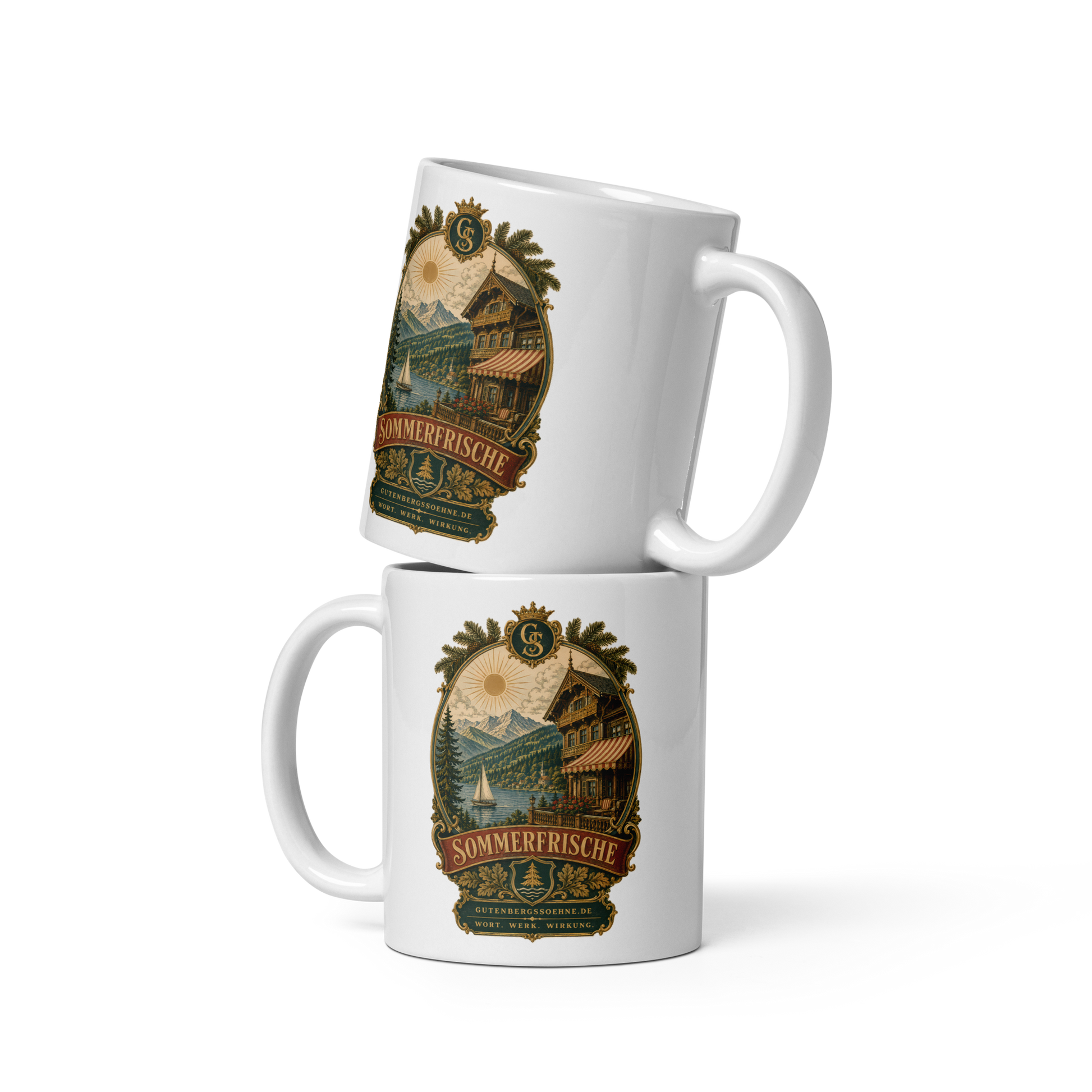 Detailansicht des historischen Sommerfrische-Motivs auf Keramiktasse