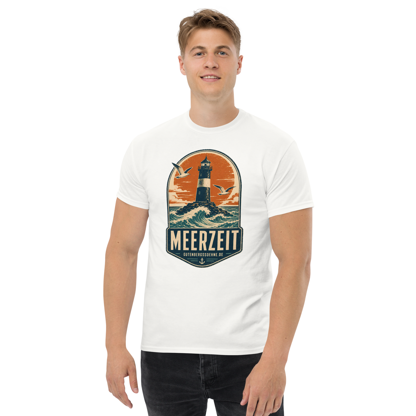Vintage Unisex T-Shirt mit dem Schriftzug Meerzeit weiß GutenbergsSoehne.de