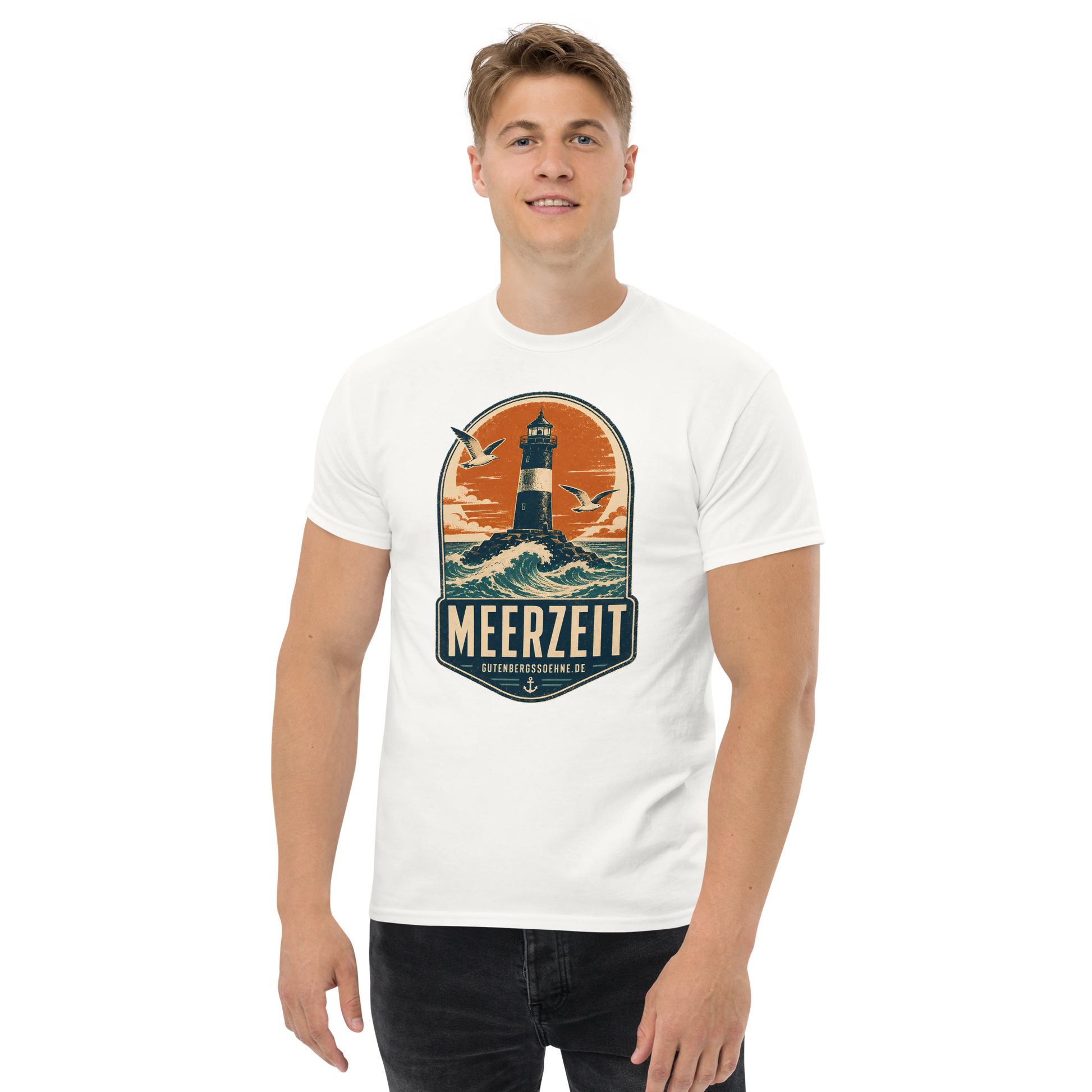 Vintage Unisex T-Shirt mit dem Schriftzug Meerzeit weiß GutenbergsSoehne.de