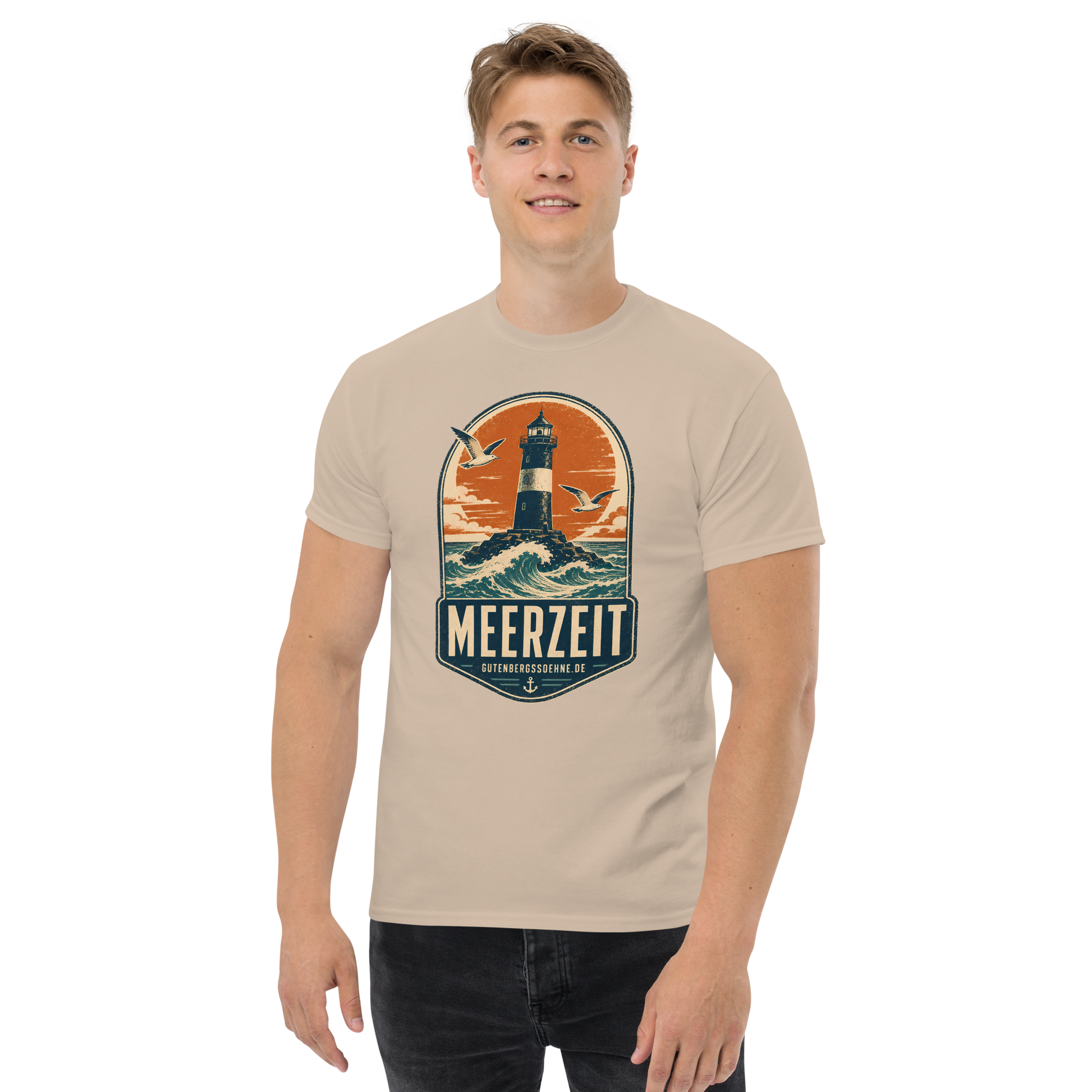 Vintage Unisex T-Shirt mit dem Schriftzug Meerzeit sandfarben GutenbergsSoehne.de
