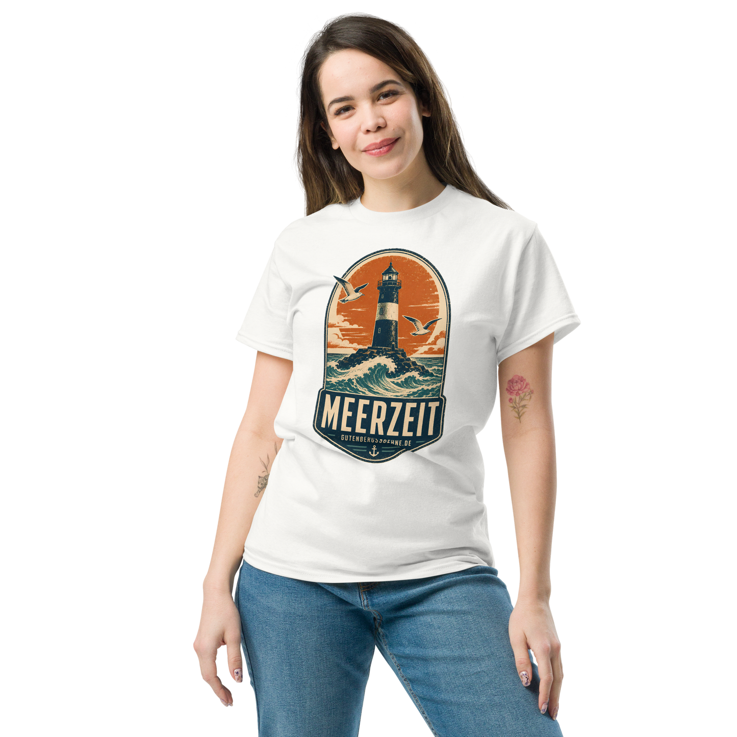 Vintage Unisex T-Shirt mit dem Schriftzug Meerzeit weiß GutenbergsSoehne.de