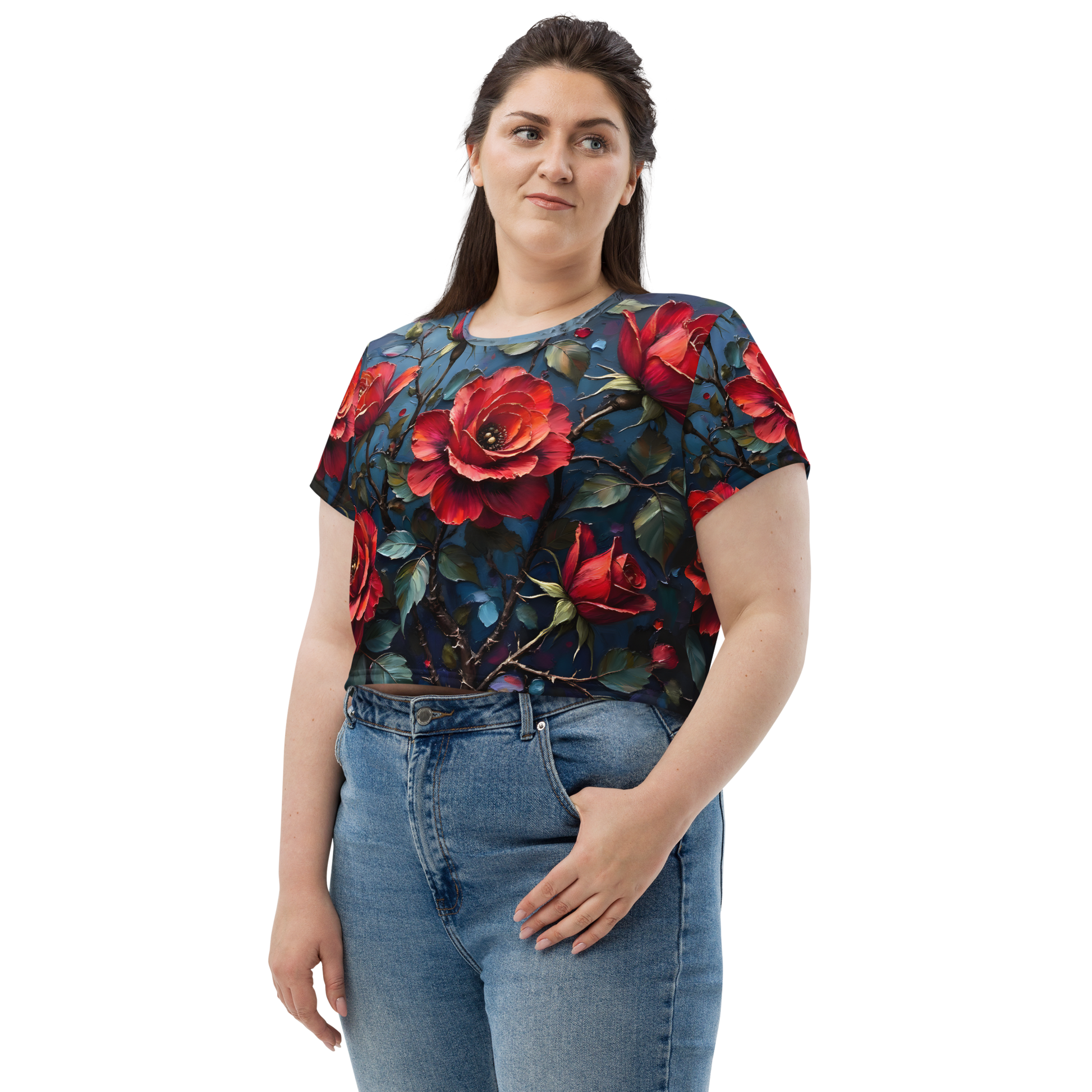 Crop-Top „Dunkle Rose Allover“ – Dein florales Statement-Piece