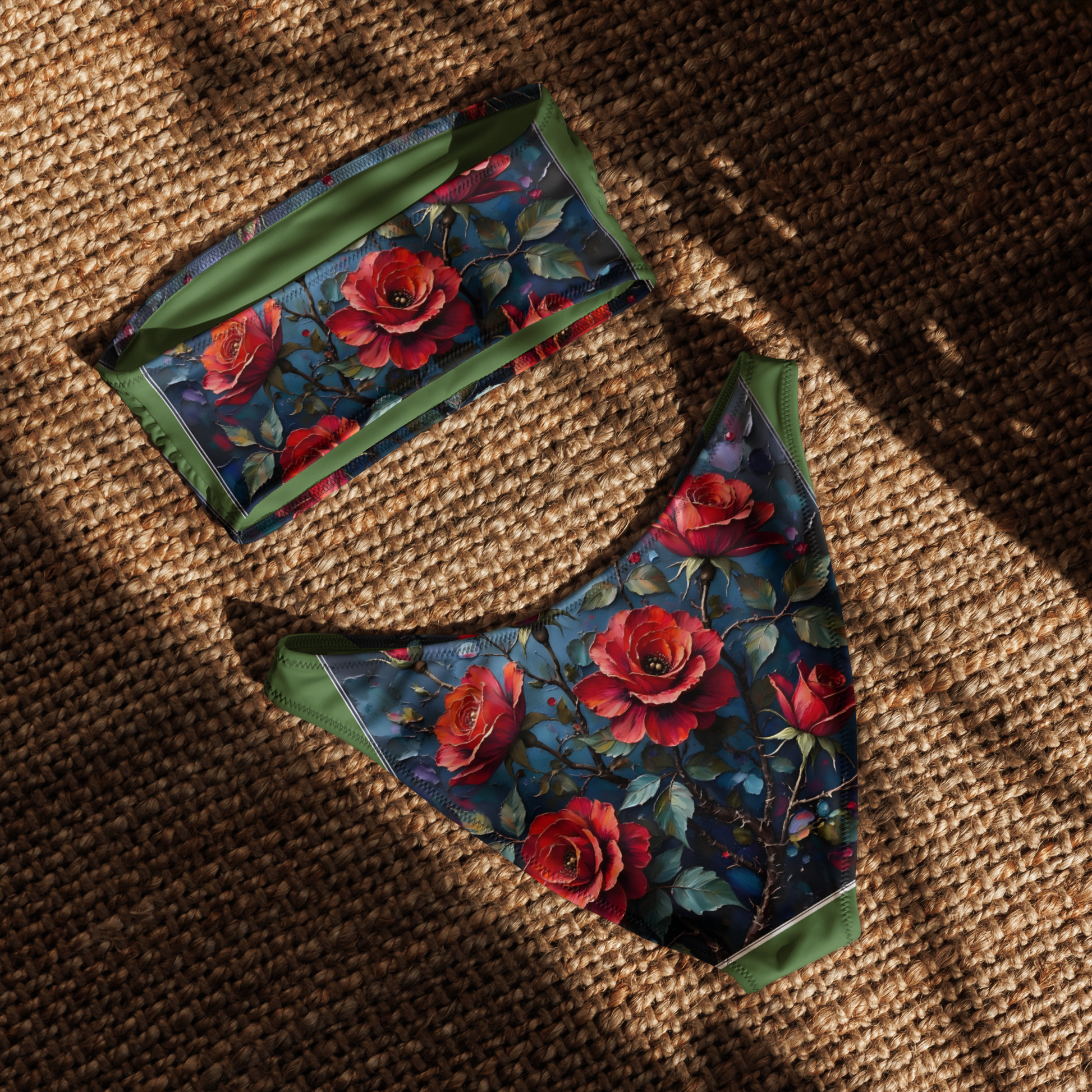 Recycelter Bandeau-Bikini „Dunkle Rose Allover“ – Nachhaltiger Stil für sonnige Momente