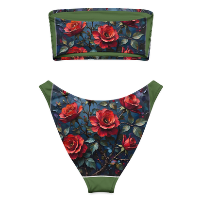 Recycelter Bandeau-Bikini „Dunkle Rose Allover“ – Nachhaltiger Stil für sonnige Momente