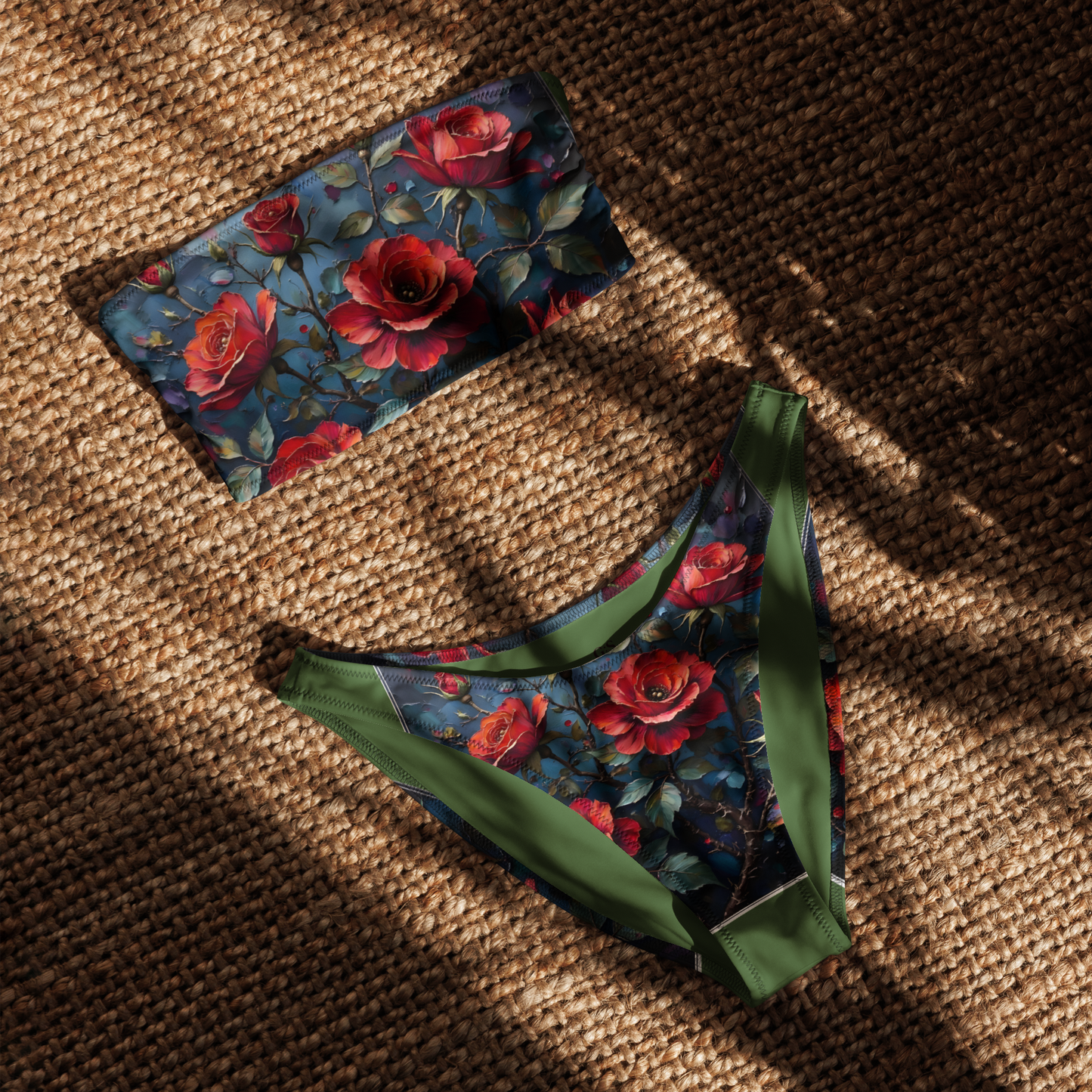 Recycelter Bandeau-Bikini „Dunkle Rose Allover“ – Nachhaltiger Stil für sonnige Momente