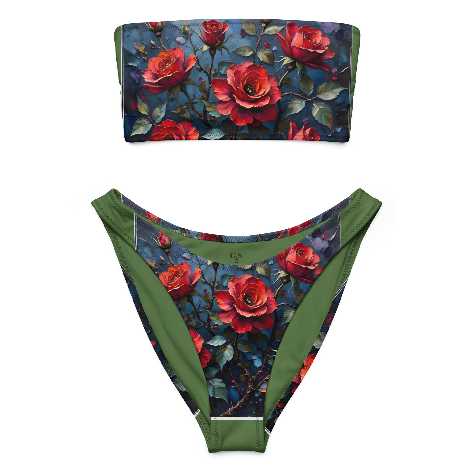 Recycelter Bandeau-Bikini „Dunkle Rose Allover“ – Nachhaltiger Stil für sonnige Momente