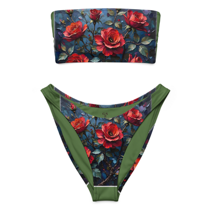 Recycelter Bandeau-Bikini „Dunkle Rose Allover“ – Nachhaltiger Stil für sonnige Momente