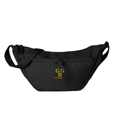 Schwarze Alltags-Umhängetasche von Gutenbergs Söhne mit goldfarbener Stickerei, Frontfach und verstellbarem Schultergurt