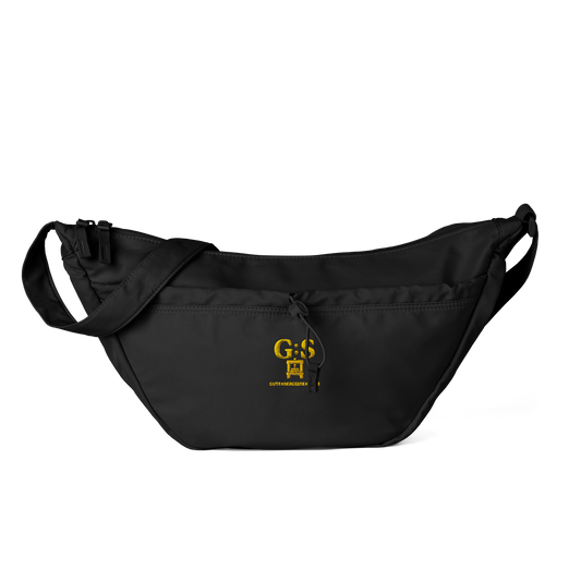 Schwarze Alltags-Umhängetasche von Gutenbergs Söhne mit goldfarbener Stickerei, Frontfach und verstellbarem Schultergurt