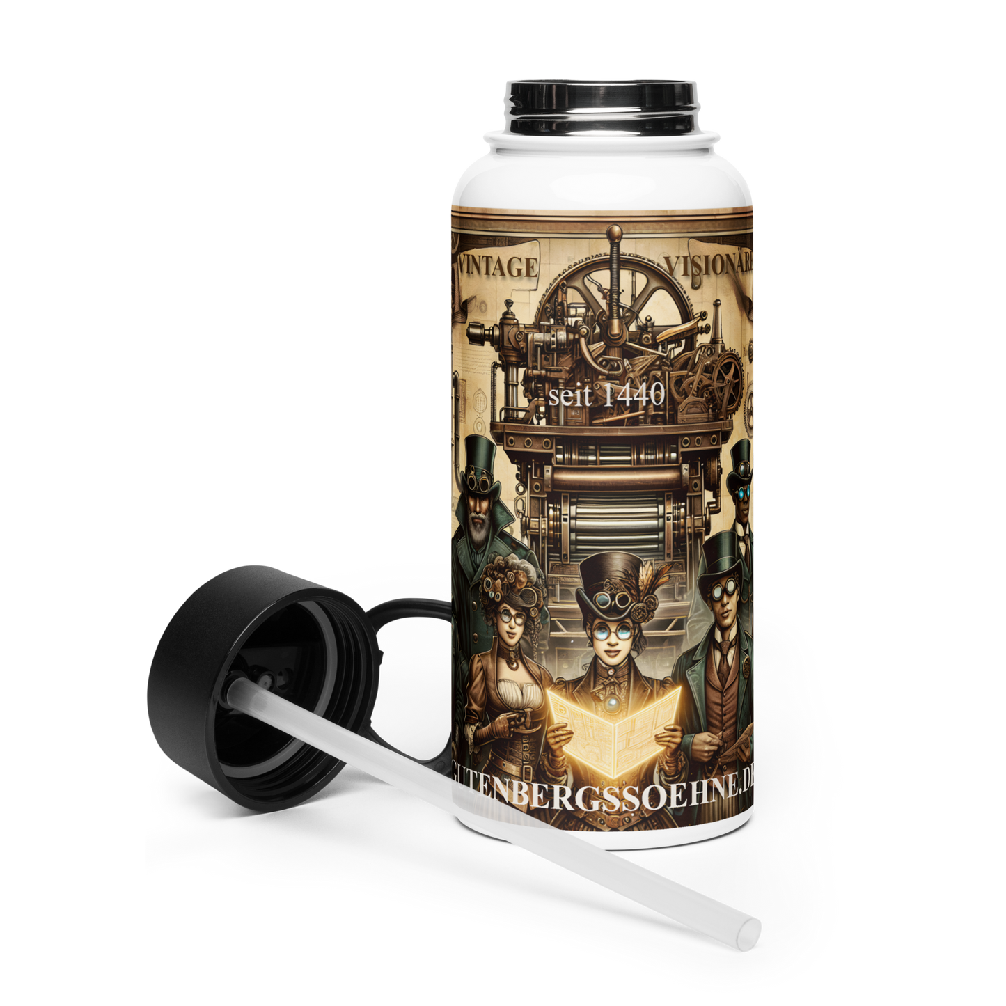 Edelstahl Trinkflasche mit Strohhalm – Vintage Visionäre – GUTENBERGSSOEHNE.DE