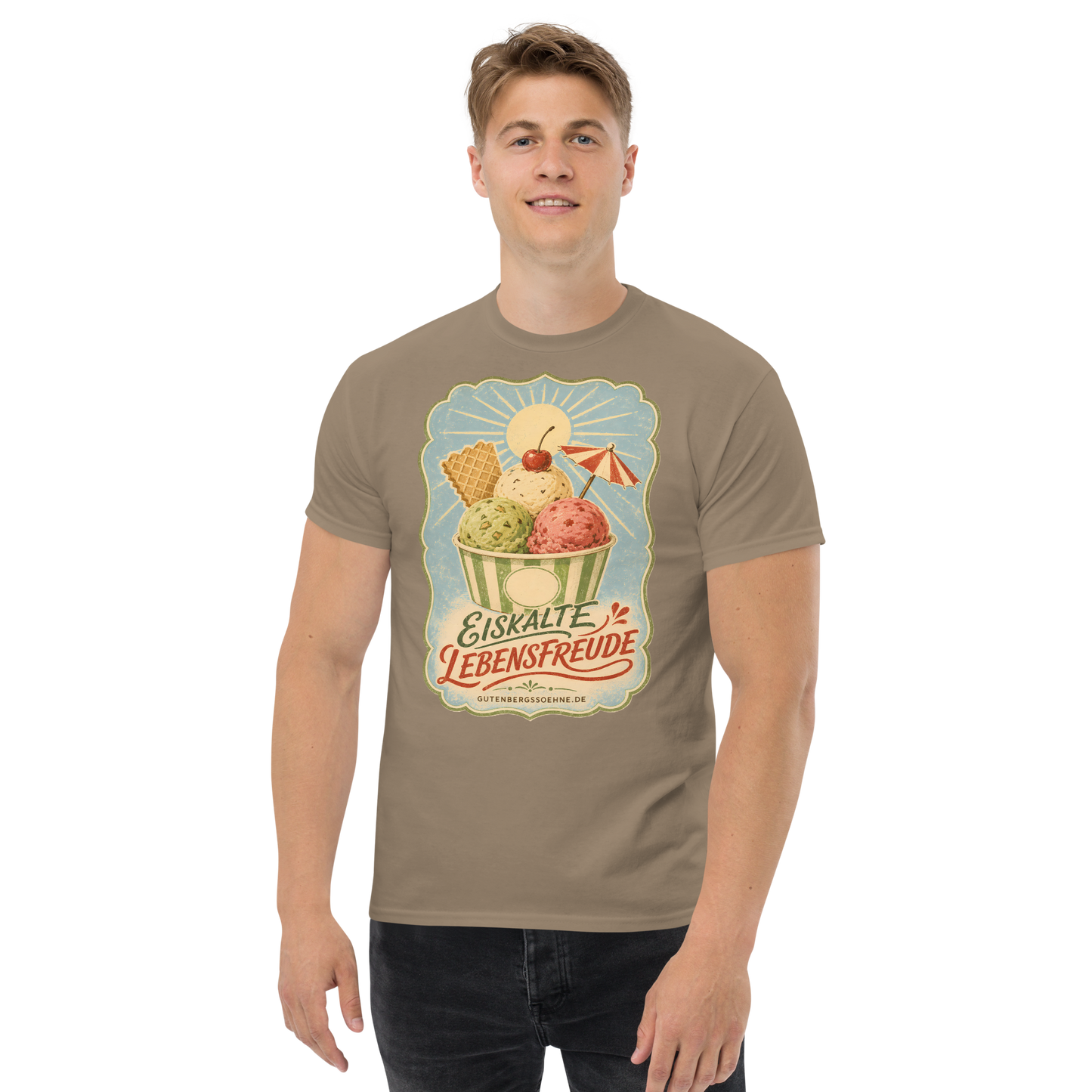 Vintage Sommermotiv Eiskalte Lebensfreude auf Baumwoll-T-Shirt