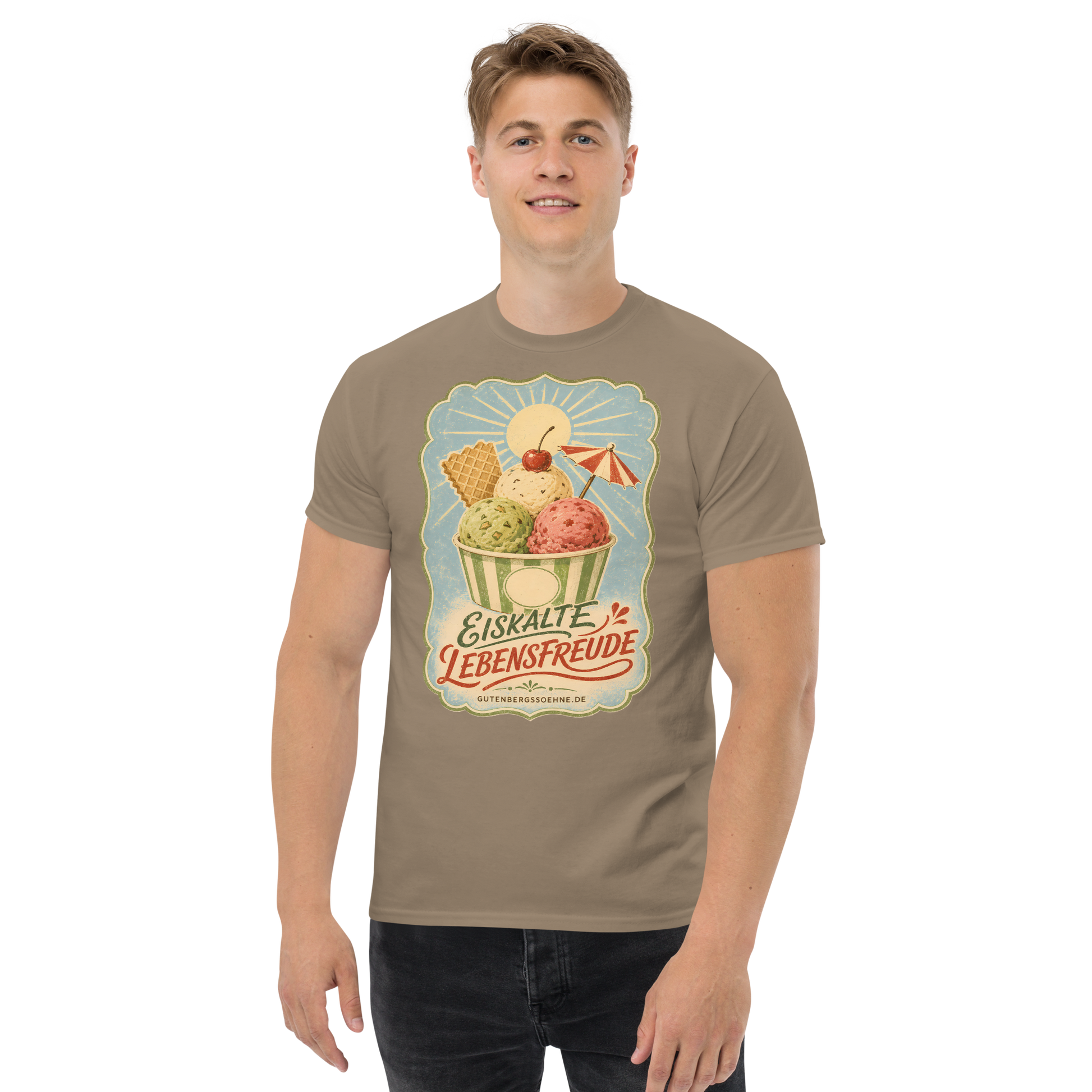 Vintage Sommermotiv Eiskalte Lebensfreude auf Baumwoll-T-Shirt