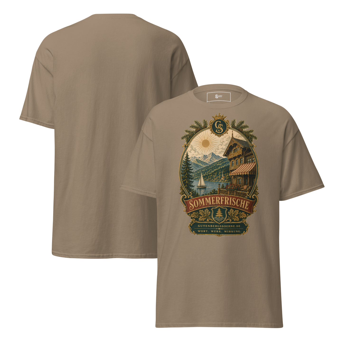 Sommerfrisch Vintage-Motiv auf klassischem Baumwoll-T-Shirt braune Savanne