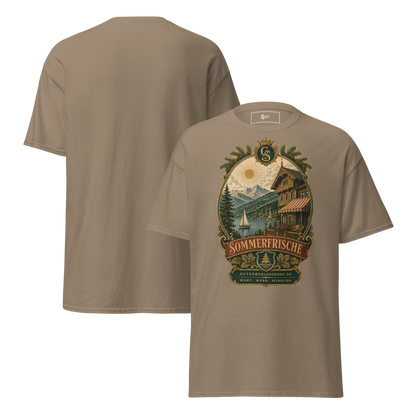 Sommerfrisch Vintage-Motiv auf klassischem Baumwoll-T-Shirt braune Savanne