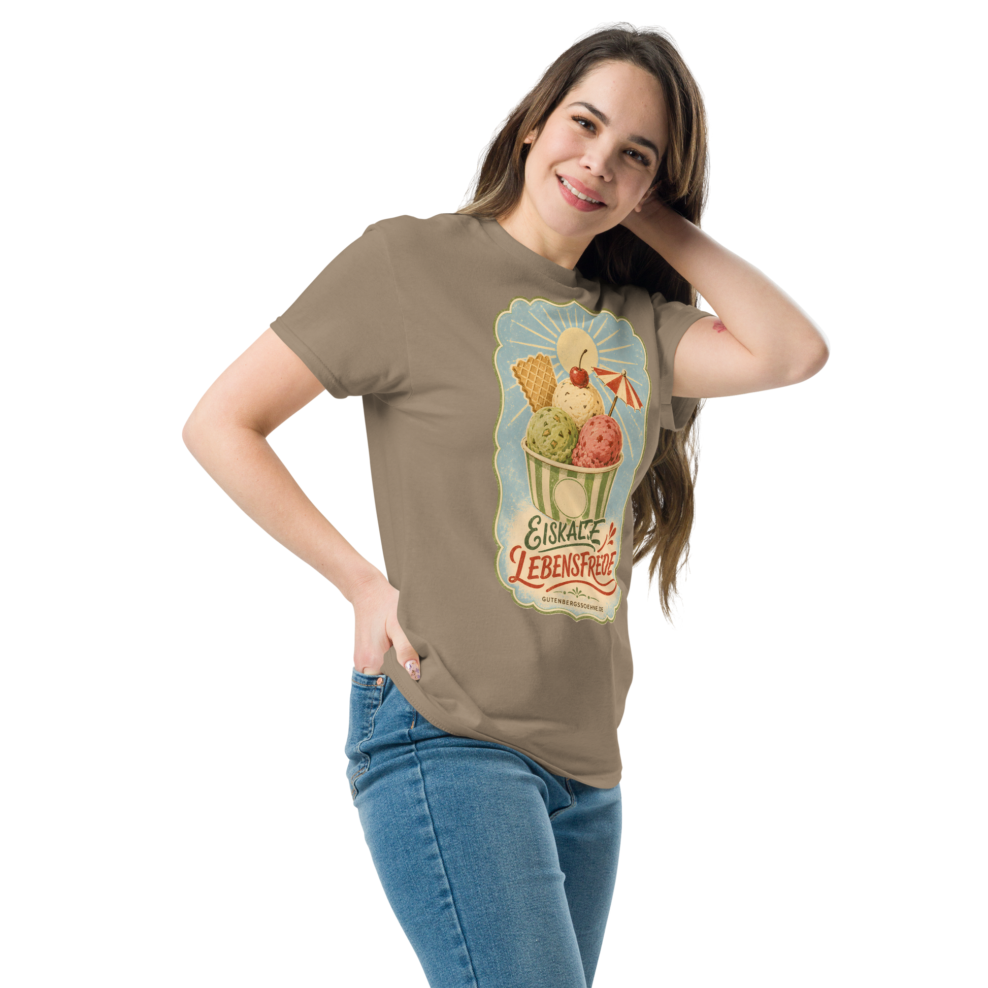 Vintage Sommermotiv Eiskalte Lebensfreude auf Baumwoll-T-Shirt
