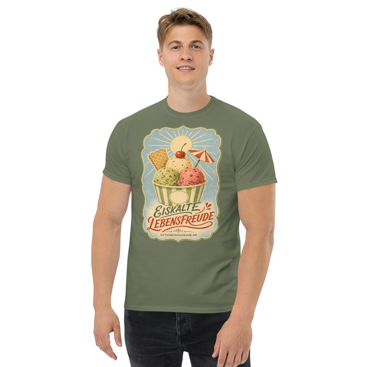 Vintage Sommermotiv Eiskalte Lebensfreude auf Baumwoll-T-Shirt