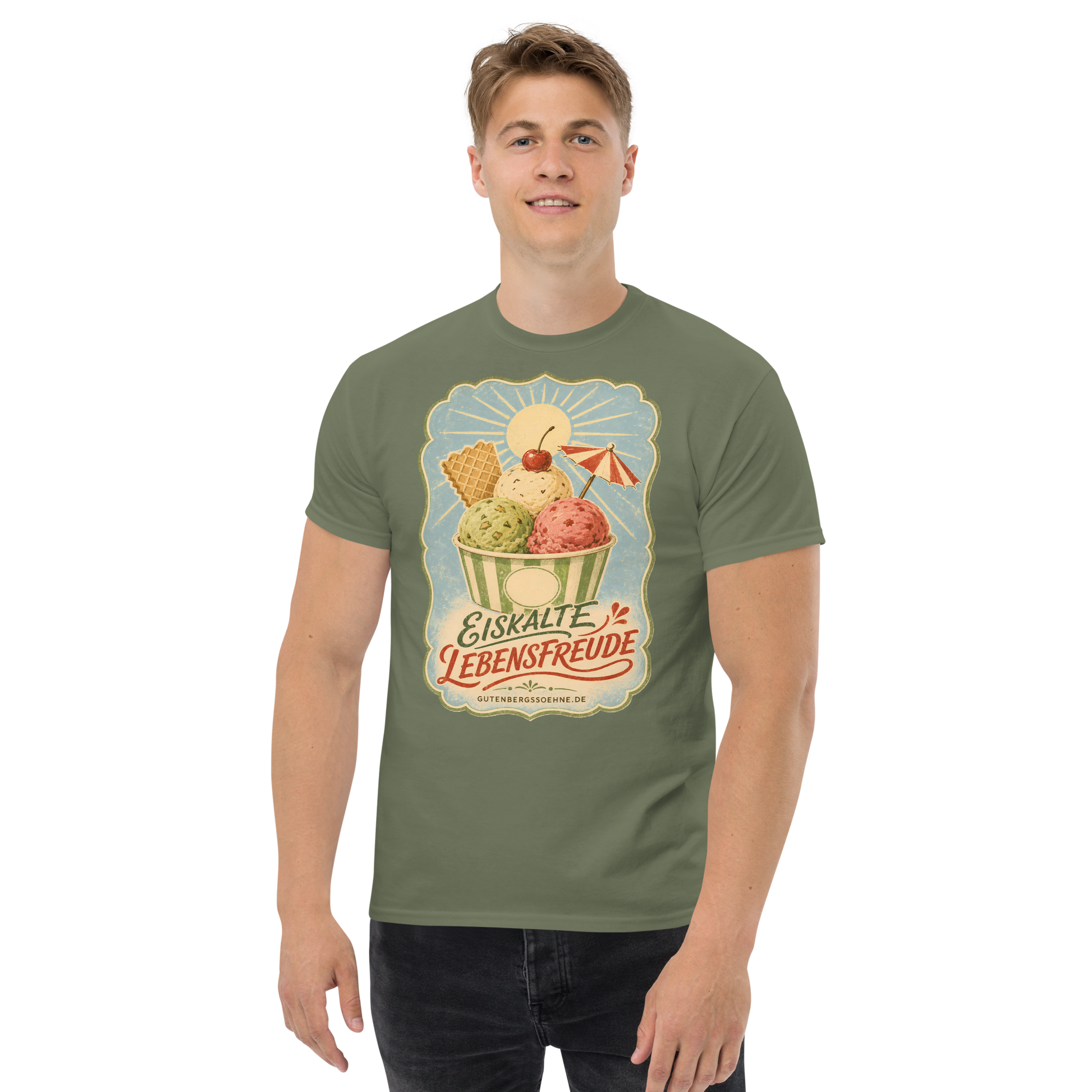 Vintage Sommermotiv Eiskalte Lebensfreude auf Baumwoll-T-Shirt
