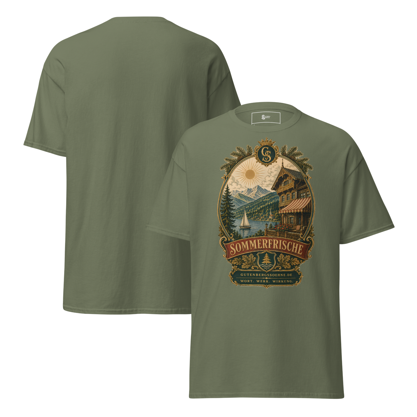 Sommerfrisch Vintage-Motiv auf klassischem Baumwoll-T-Shirt militärgrün