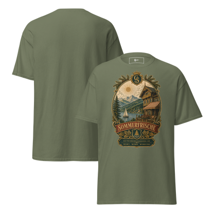 Sommerfrisch Vintage-Motiv auf klassischem Baumwoll-T-Shirt militärgrün
