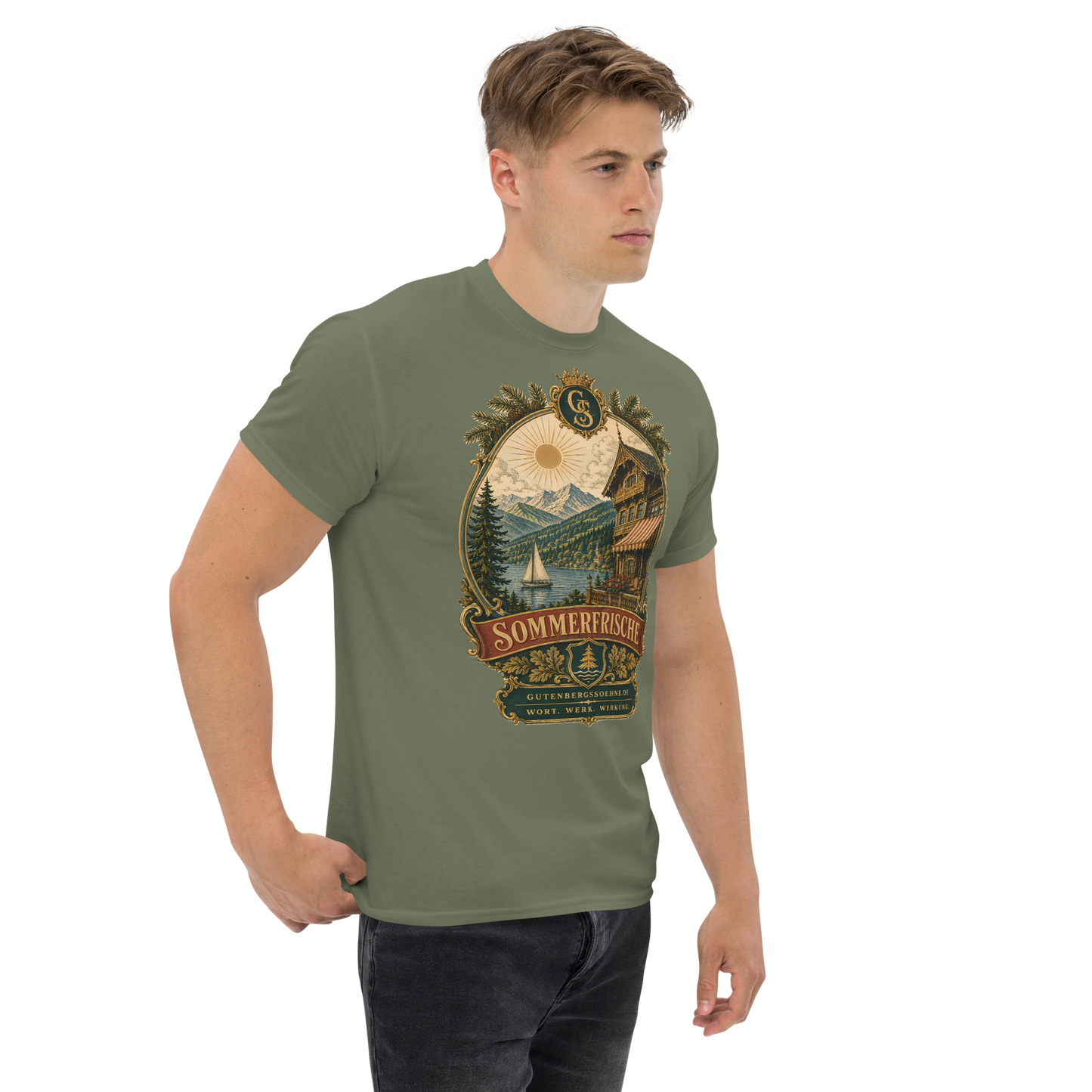 Detailansicht des Vintage-Druckmotivs Sommerfrische militärgrün