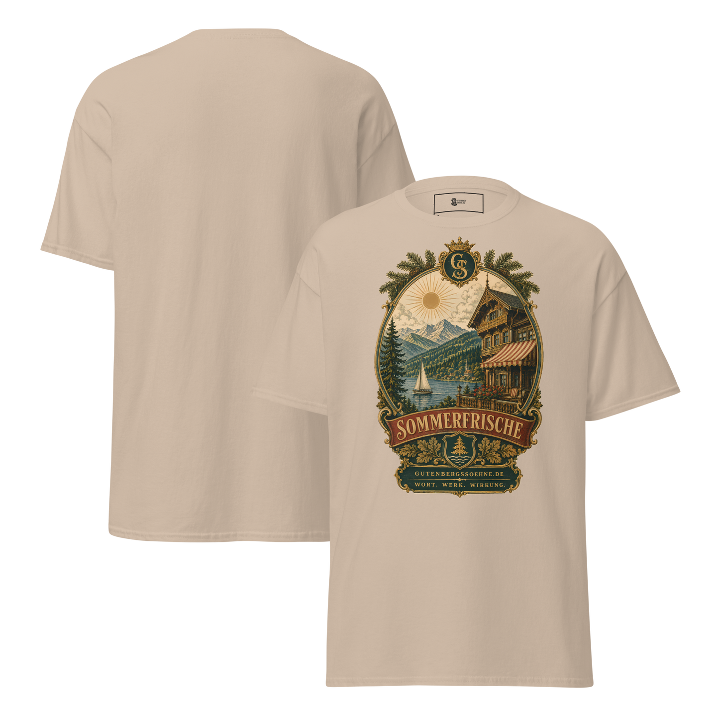 Sommerfrisch Vintage-Motiv auf klassischem Baumwoll-T-Shirt sand