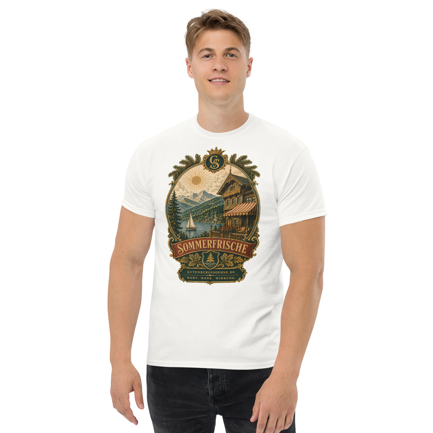 Detailansicht des Vintage-Druckmotivs Sommerfrische weiß
