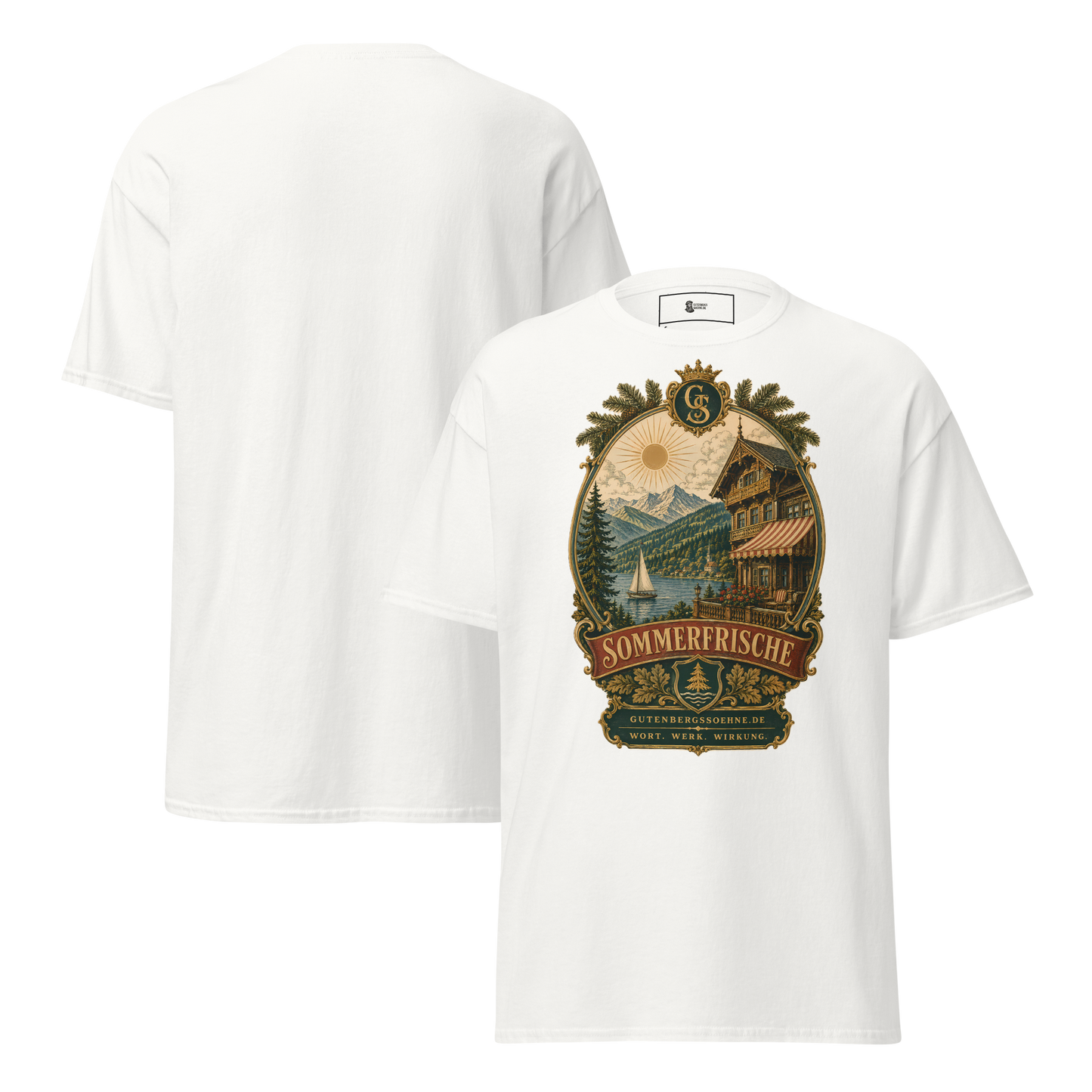 Sommerfrische Vintage-Motiv auf klassischem Baumwoll-T-Shirt weiß