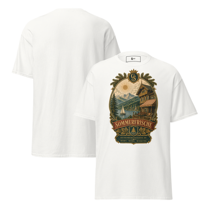 Sommerfrische Vintage-Motiv auf klassischem Baumwoll-T-Shirt weiß