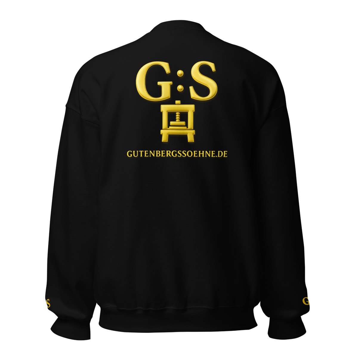 Schwarzer Unisex-Pullover von GutenbergsSöhne mit goldfarbener Druckerpressen-Stickerei auf Vorder- und Rückseite