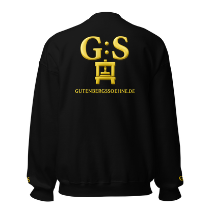 Schwarzer Unisex-Pullover von GutenbergsSöhne mit goldfarbener Druckerpressen-Stickerei auf Vorder- und Rückseite