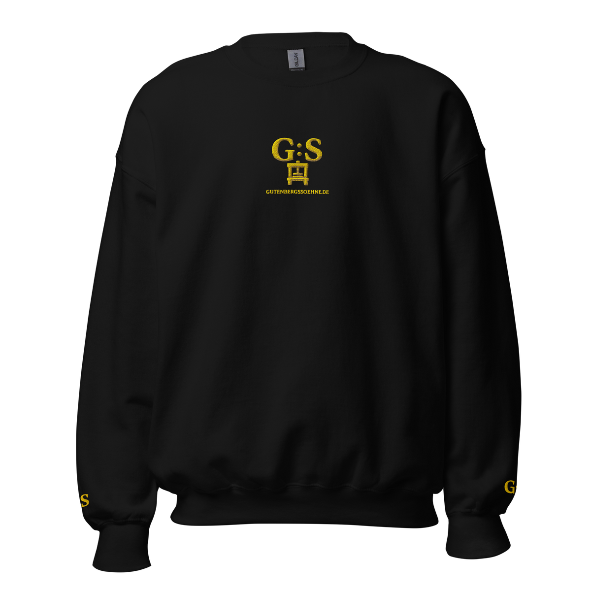 Schwarzer Unisex-Pullover von GutenbergsSöhne mit goldfarbener Druckerpressen-Stickerei auf Vorder- und Rückseite