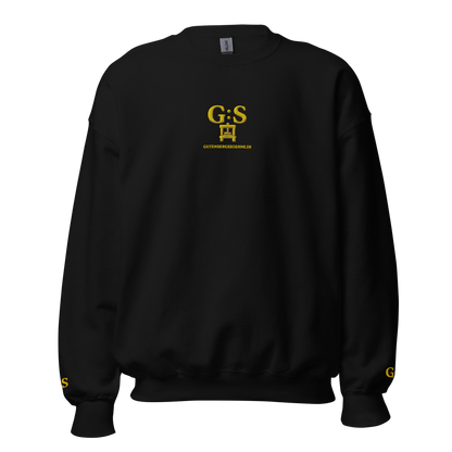 Schwarzer Unisex-Pullover von GutenbergsSöhne mit goldfarbener Druckerpressen-Stickerei auf Vorder- und Rückseite