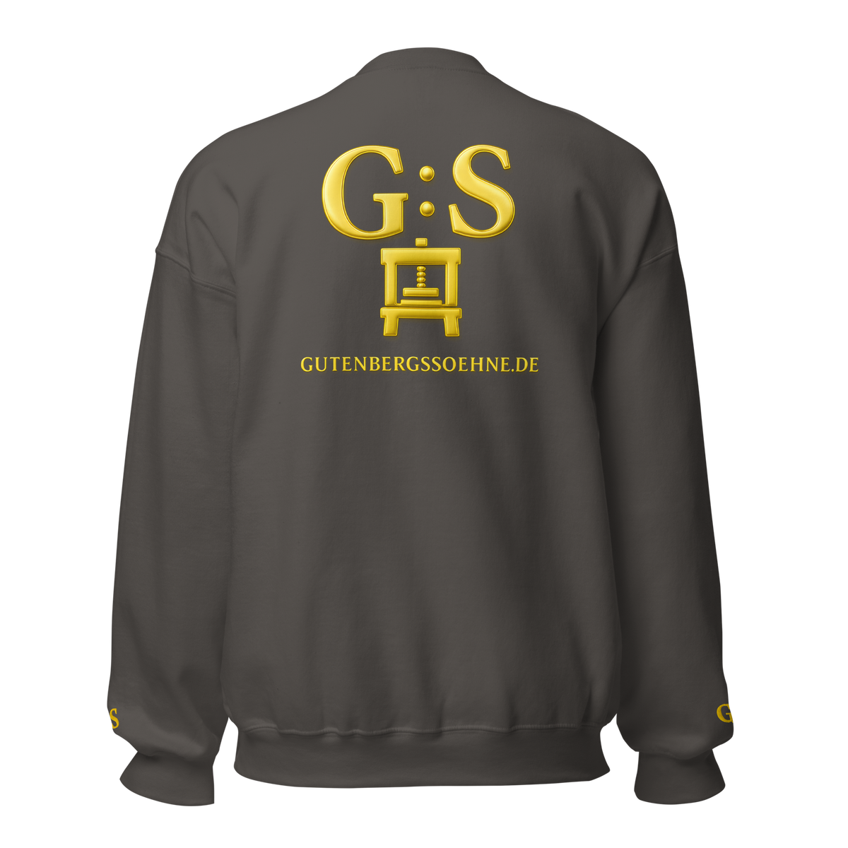 Dunkelgrauer bestickter Unisex-Pullover von GutenbergsSöhne mit goldfarbenem Druckerpressen-Motiv