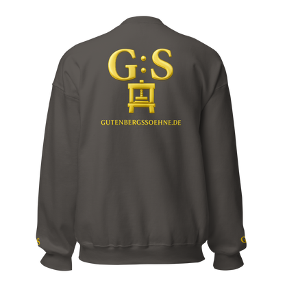 Dunkelgrauer bestickter Unisex-Pullover von GutenbergsSöhne mit goldfarbenem Druckerpressen-Motiv