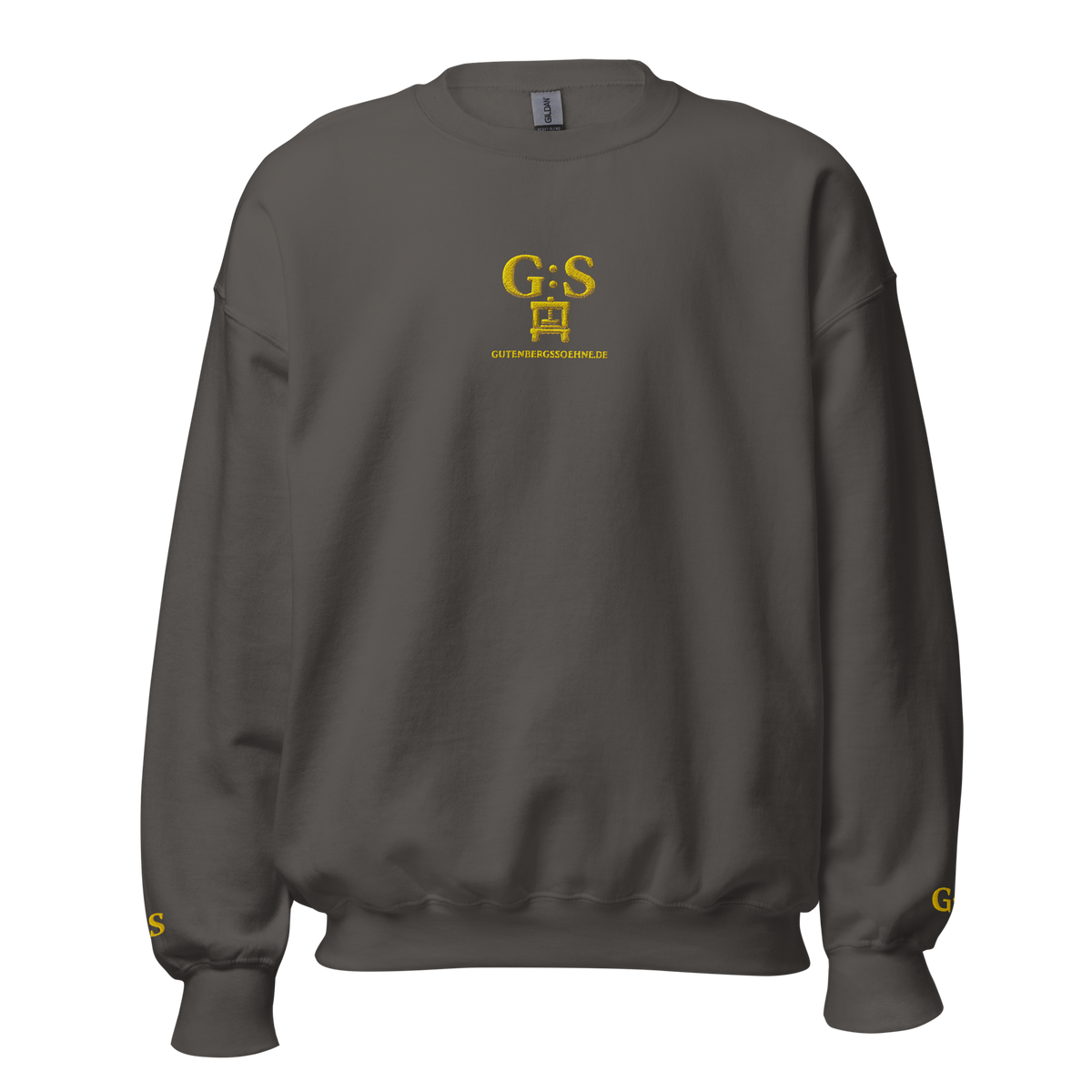 Dunkelgrauer bestickter Unisex-Pullover von GutenbergsSöhne mit goldfarbenem Druckerpressen-Motiv