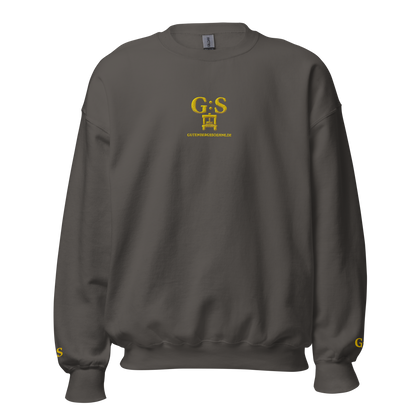 Dunkelgrauer bestickter Unisex-Pullover von GutenbergsSöhne mit goldfarbenem Druckerpressen-Motiv