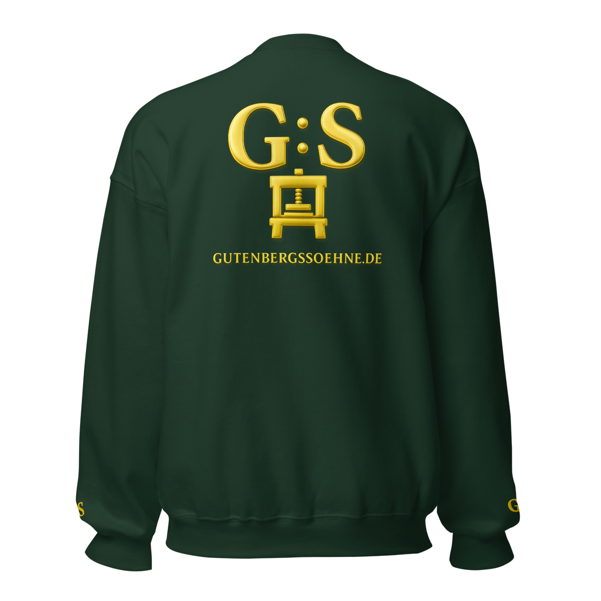 Waldgrüner Unisex-Pullover von GutenbergsSöhne mit goldfarbener Stickerei und großem Rückenmotiv