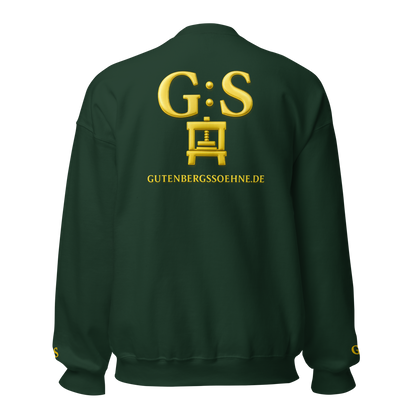 Waldgrüner Unisex-Pullover von GutenbergsSöhne mit goldfarbener Stickerei und großem Rückenmotiv
