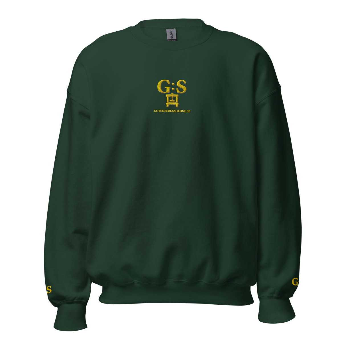 Waldgrüner Unisex-Pullover von GutenbergsSöhne mit goldfarbener Stickerei und großem Rückenmotiv
