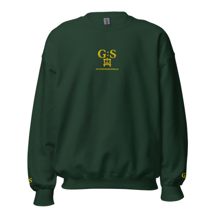 Waldgrüner Unisex-Pullover von GutenbergsSöhne mit goldfarbener Stickerei und großem Rückenmotiv