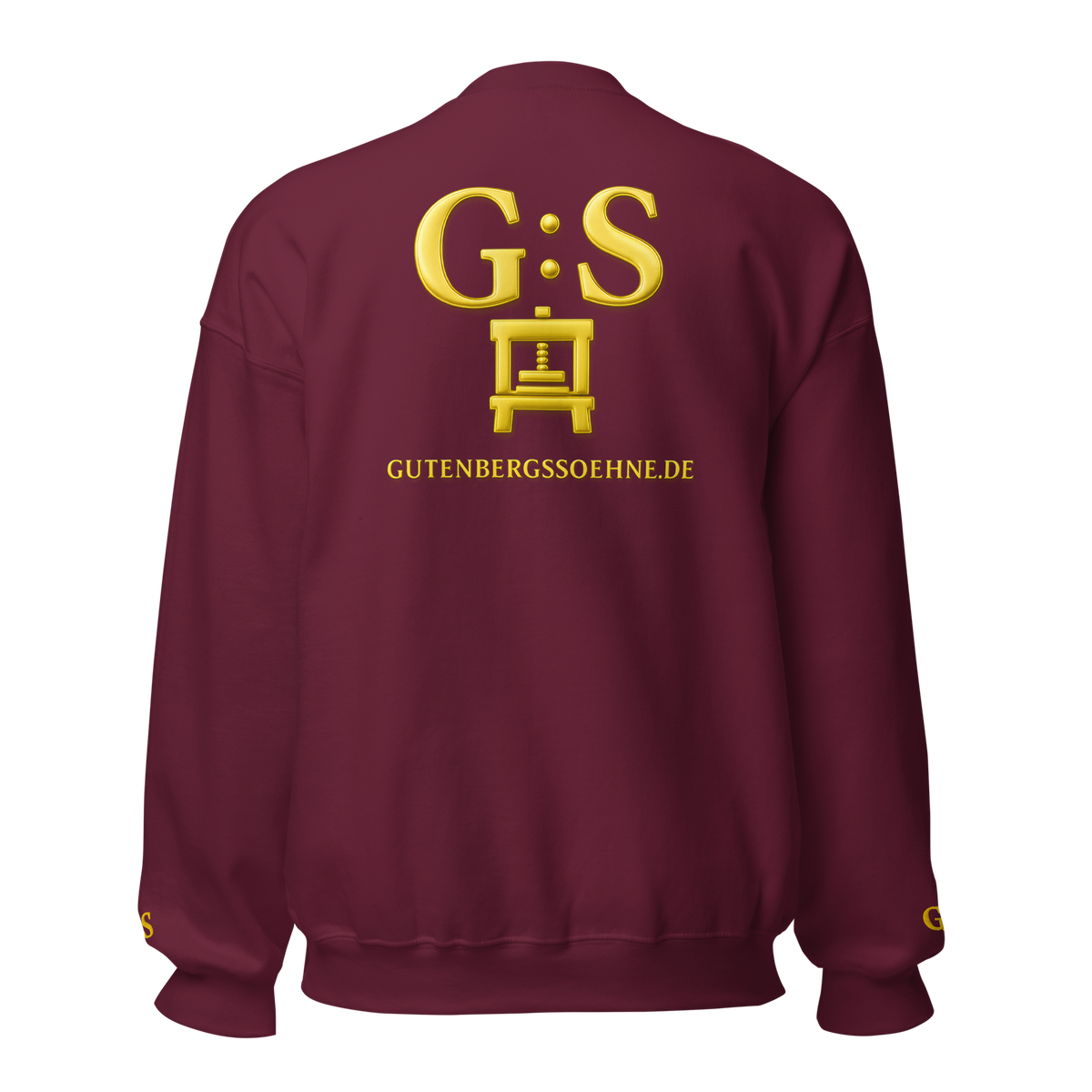 Bordeauxfarbener Unisex-Pullover mit goldfarbener Druckerpressen-Stickerei von GutenbergsSöhne