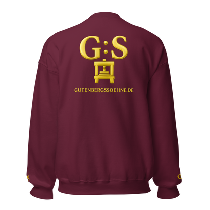 Bordeauxfarbener Unisex-Pullover mit goldfarbener Druckerpressen-Stickerei von GutenbergsSöhne