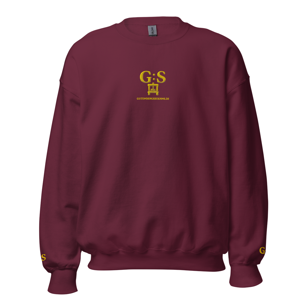 Bordeauxfarbener Unisex-Pullover mit goldfarbener Druckerpressen-Stickerei von GutenbergsSöhne