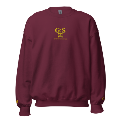 Bordeauxfarbener Unisex-Pullover mit goldfarbener Druckerpressen-Stickerei von GutenbergsSöhne