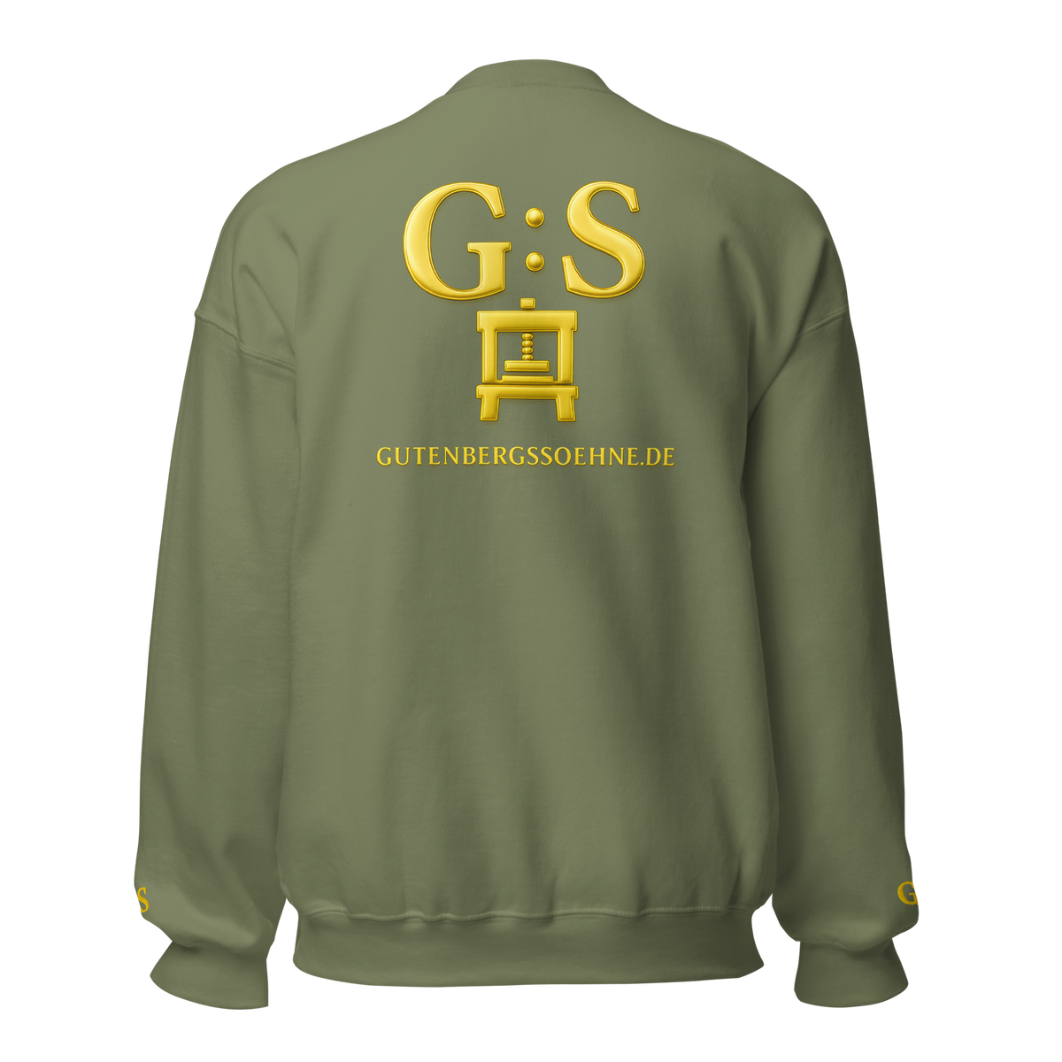 Militärgrüner bestickter Unisex-Pullover von GutenbergsSöhne mit Druckerpresse auf Vorder- und Rückseite