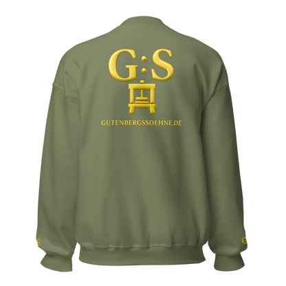 Militärgrüner bestickter Unisex-Pullover von GutenbergsSöhne mit Druckerpresse auf Vorder- und Rückseite