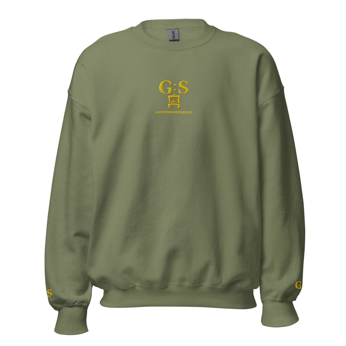 Militärgrüner bestickter Unisex-Pullover von GutenbergsSöhne mit Druckerpresse auf Vorder- und Rückseite