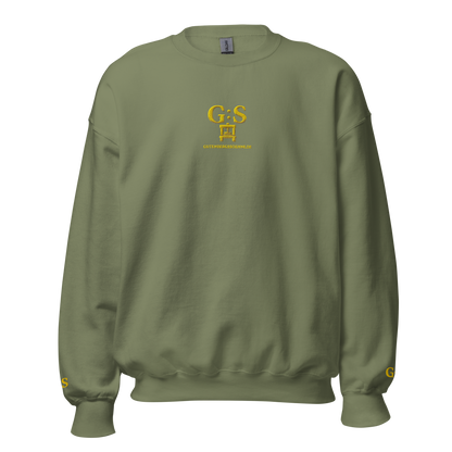 Militärgrüner bestickter Unisex-Pullover von GutenbergsSöhne mit Druckerpresse auf Vorder- und Rückseite
