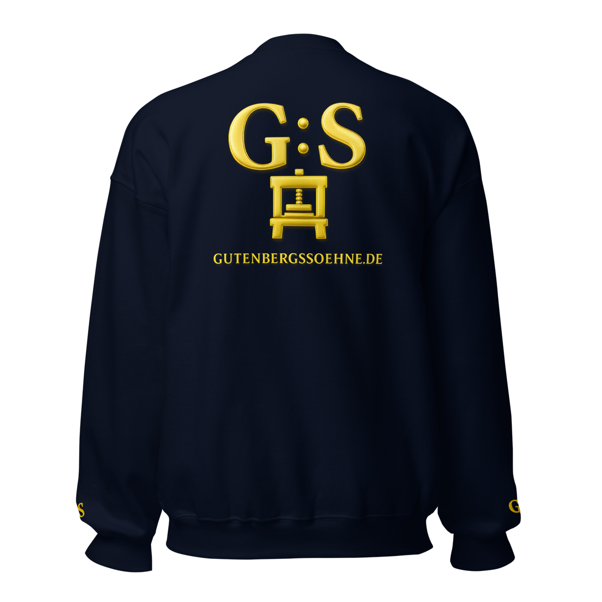 Navyblauer Unisex-Pullover von GutenbergsSöhne mit goldfarbener Druckerpressen-Stickerei